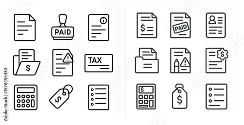 The image is a set of icons for various financial documents, such as checks, receipts, and tax forms. The icons are all in black and white and are arranged in a grid-like pattern