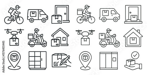 Series of icons depicting various modes of transportation and delivery services. The icons include a bicycle, a motorcycle, a car, a truck, a scooter, a drone, and a person