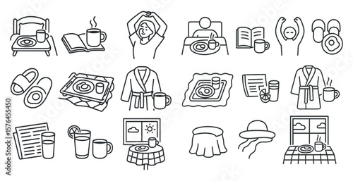 Series of images depicting various activities related to breakfast, such as reading a book, drinking coffee, and eating food