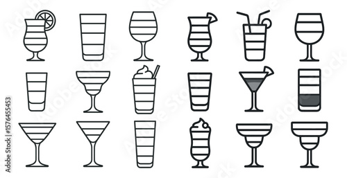Set of glasses with various drinks in them. The glasses are all lined up in a row, with some being taller than others. The drinks include martinis, margaritas, and other cocktails