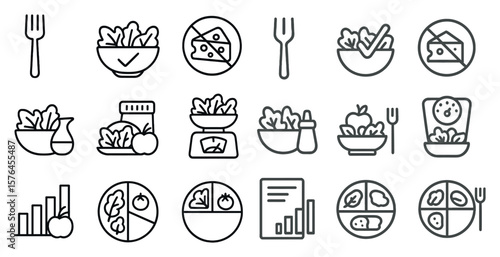 Wallpaper Mural Set of food icons that include a fork, knife, and spoon. The icons are all in black and white and include a variety of food items such as salad, fruit, and vegetables Torontodigital.ca