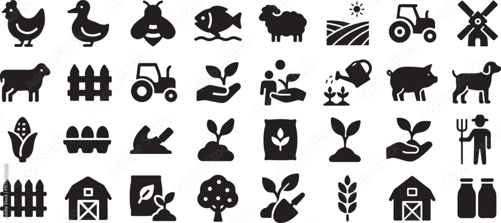 Fototapeta premium Black Farm Icons Chicken Duck Bee Fish Sheep Tractor Windmill