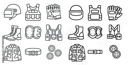 Collection of military and police gear. The items include a helmet, vest, gloves, boots, and a belt