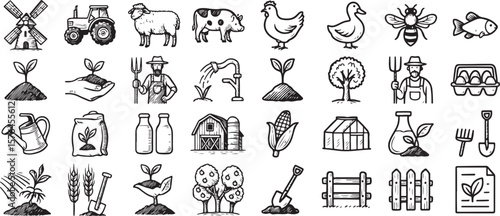 Black and White Farm and Agriculture Icon Set Illustrations