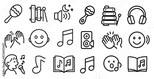 Collection of musical symbols and instruments. The symbols include a book, a microphone, a tambourine, a baby, a baby's hand, a baby's head, a baby's face, a baby's hand
