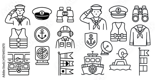 Collection of military and maritime icons. The icons include a sailor, a captain, a ship, a boat, a flag, and a compass. Concept of adventure and exploration, as well as the importance of navigation