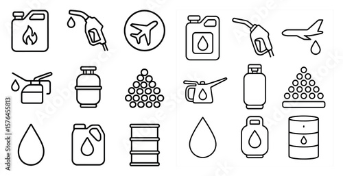 Collection of gas station and airplane icons. The icons include a gas pump, a gas can, a gas tank, a gas station, a gas station sign, a gas station pump, a gas station pump nozzle