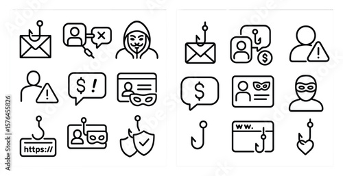 Set of icons for various types of online security threats. The icons include a man in a mask, a man with a gun, a man with a fake beard, and a man with a fake ID. The icons are arranged in two rows