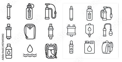 Set of water bottles and backpacks are shown in a line. The water bottles are of various sizes and shapes, and the backpacks are of different styles and colors