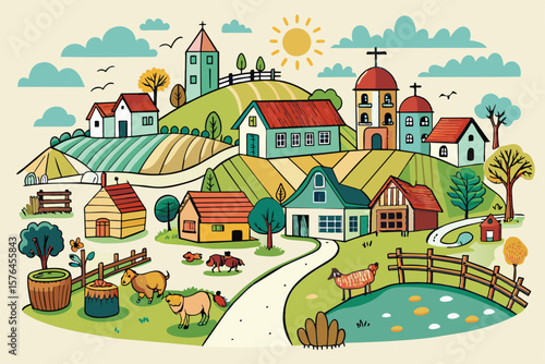 Illustration of a picturesque village with farm buildings, animals, and lush fields under a sunny sky. Perfect depiction of rural life and natural harmony.