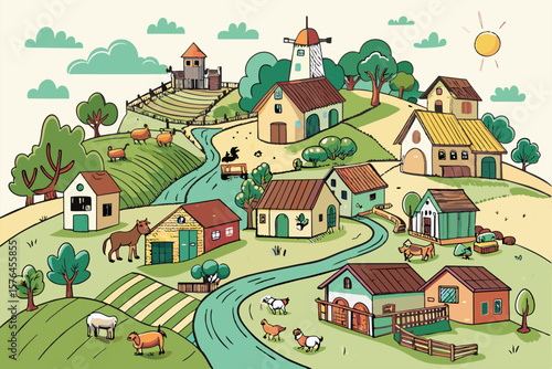 Colorful illustration of a cartoon farm landscape with quaint farmhouses, animals, and a scenic river winding through the countryside.