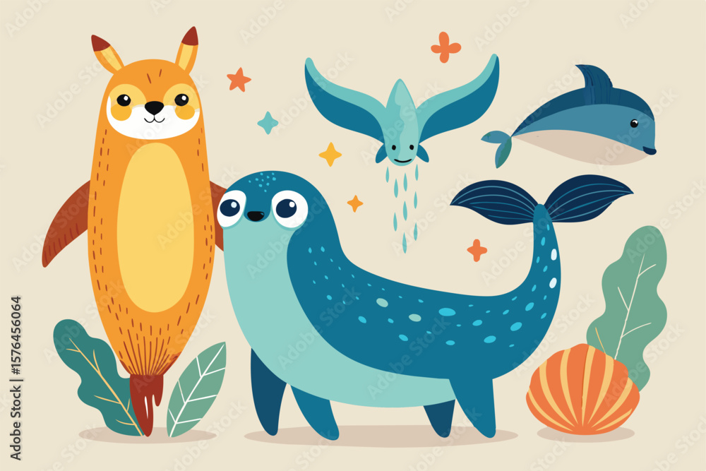 Naklejka premium Illustration of cute cartoon animals in a vibrant nature scene. Features a charming seal, dolphin, flying bird, and fox kangaroo mix with plants and seashell.