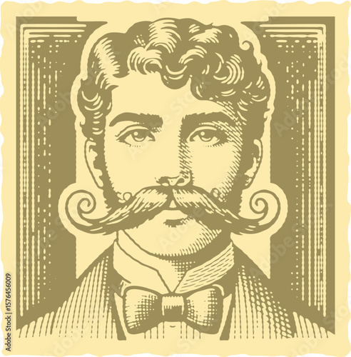  Vibrant color engraving of a Victorian gentleman with curled mustache, canvas template design, stamp halftone vector art, detailed vintage portrait illustration for retro style projects