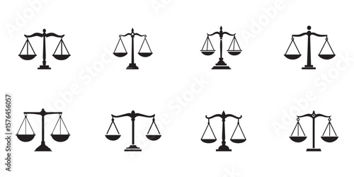 Black Icons of Justice Scales on White Background Showing Symbol of Law