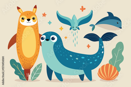 Illustration of cute cartoon animals in a vibrant nature scene. Features a charming seal, dolphin, flying bird, and fox kangaroo mix with plants and seashell.