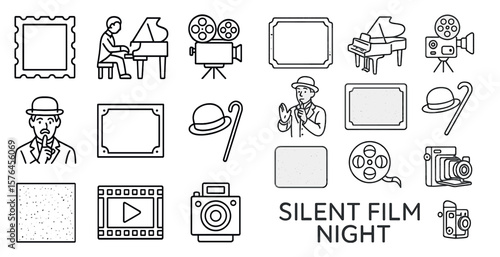 Silent film night is a theme for this image. A variety of movie-related icons, including a man in a hat, a camera, a piano, and a TV