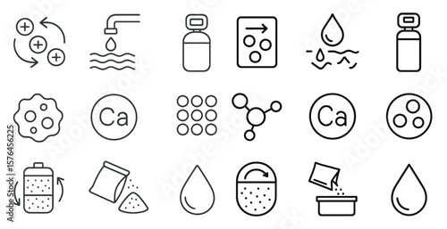 Series of symbols and icons that represent various things related to health and wellness. The symbols include a water droplet, a bottle, a cup, a spoon, a bowl, a cupcake, a carrot, a banana, a cup