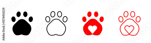 Pet paw vector icon with editable stroke featuring footprints, heart with paw print for dog and cat, animal care illustration
