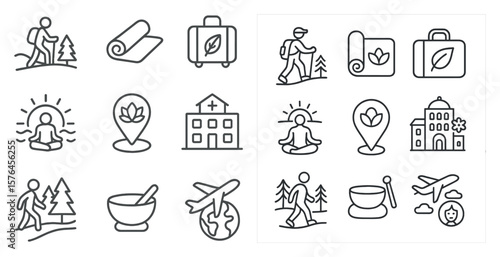Set of icons for travel and relaxation. The icons include a person sitting in a chair, a person walking, a person sitting on a yoga mat, a person sitting on a beach, a person sitting on a boat