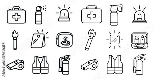 Collection of safety symbols and equipment. The symbols include a first aid kit, a fire extinguisher, a whistle, and a flashlight. Scene is one of preparedness and safety