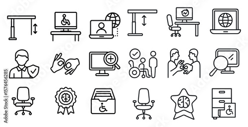 Series of icons depicting various office and work-related items, including a computer, a keyboard, a mouse, a chair, a desk, a laptop, a mouse, a keyboard, a computer monitor, a keyboard, a mouse, a