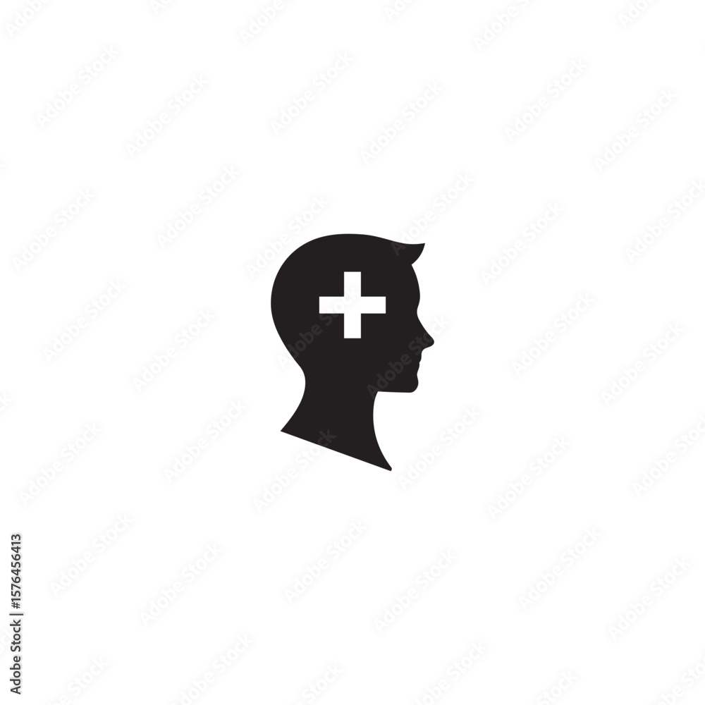 Black Silhouette of Human Head with a Prominent White Plus Sign on White Background Black Silhouette of Human Head with a Prominent White Plus Sign on White Background