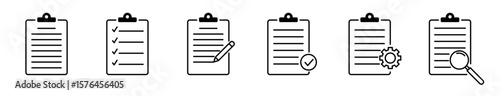 Clipboard icon set with checklist, checkmarks, document, gear, pencil line icons, editable stroke, isolated vector illustration