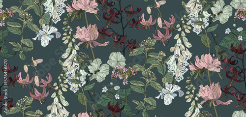 Flowers and leaves in vintage style, seamless pattern	
