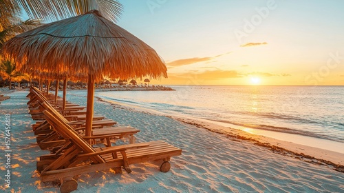 Tropical beach chairs at sunset, Caribbean beach paradise