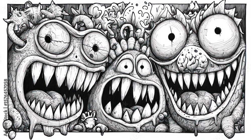 Naklejka premium Monstrous creatures grin, chaotic background, inked art, graphic design