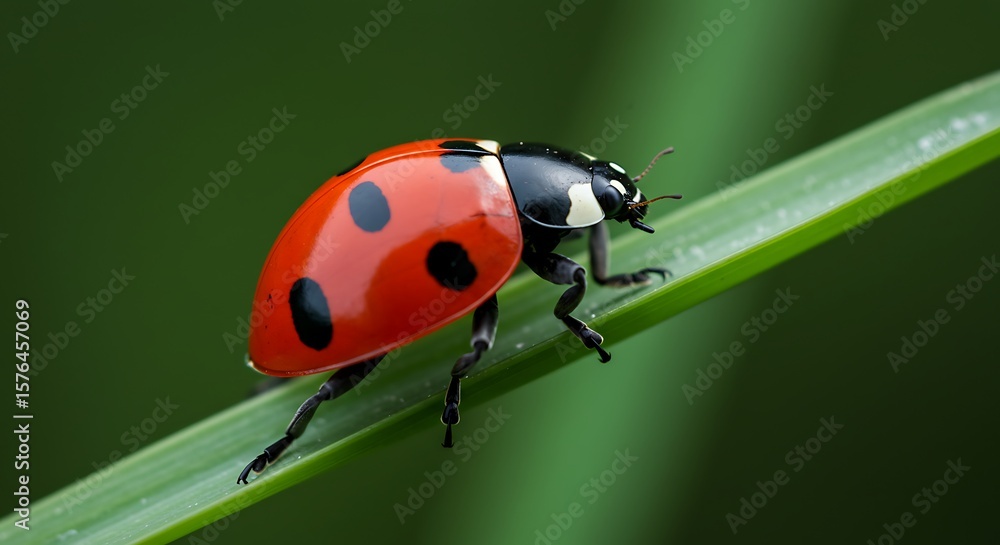 Fototapeta premium Ladybug Walking on Green Blade of Grass Macro Close-up