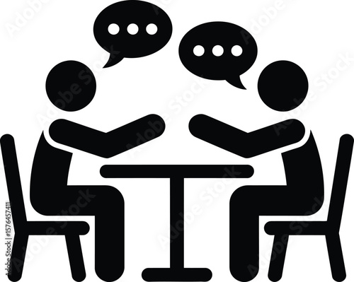 A simple, black and white graphic depicts two stylized figures seated at a table, with speech bubbles indicating conversation.