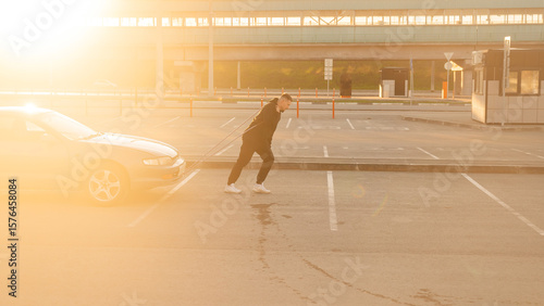 Caucasian man pulling a car with a rope. 