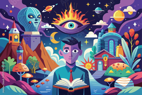Colorful surreal illustration featuring an alien, open eye, and dreamlike landscape. Explore imagination and fantasy elements with celestial bodies and mystical architecture in a vibrant night scene.