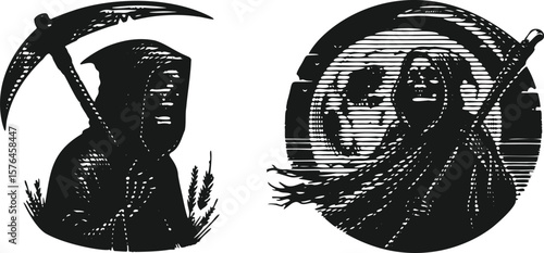  Monochrome lined effect engraving bundle of a hooded grim reaper holding a scythe, detailed vector illustration, dark gothic style, spooky skeleton figure with cloak