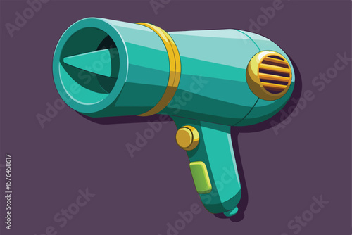 Illustration of a retro styled cartoon hair dryer in vibrant shades. Perfect for design themes, nostalgia, or beauty related projects. Features an exaggerated and playful design.