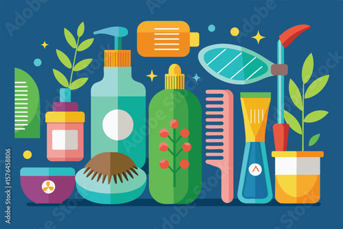 A vibrant illustration of various hair care and beauty products, including bottles, brushes, and plants, representing self care and wellness in a stylish design.