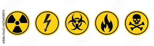 Set of hazard danger vector signs. Radiation sign, High voltage sign, Biohazard sign, Gas flame sign, Toxic sign in circle shape vector illustration on a isolated background