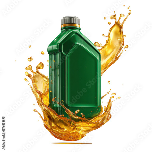 A green bottle of engine oil with a dynamic splash of golden lubricant, isolated on white isolated on transparent background