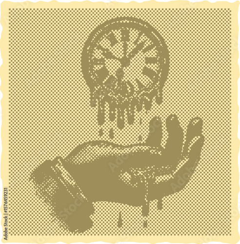  Vibrant color engraving canvas template with stamp halftone vector of a surreal clock melting over a person’s hand, artistic melting clock illustration, time distortion, creative concept design
