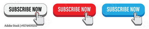 A graphic representation of three "subscribe now" buttons in white, red, and blue, with a cartoon hand icon pointing and clicking on the buttons