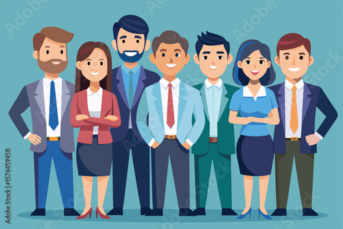 Illustration of a diverse group of cartoon business professionals confidently standing together, conveying a sense of teamwork, unity, and collaboration in a corporate environment.
