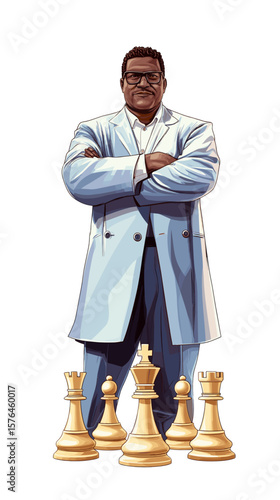 Confident black man standing with chess pieces in a suit