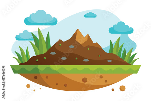 Vibrant vector illustration depicting a cross sectional view of soil layers, green grass, blue clouds, and small plants. Ideal for environmental concepts or educational materials.