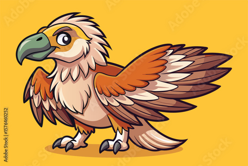 A whimsical cartoon bird with colorful feathers and wide wings set against a bright yellow background. Perfect for childrens designs, cheerful themes, and playful artwork.
