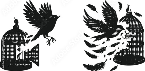  Monochrome lined engraving style bundle featuring a dramatic bird escaping from a cracked cage, symbolizing freedom, hope, and escape in vintage vector illustration