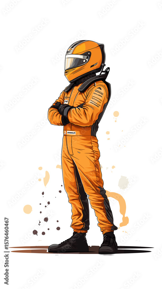 Obraz premium Racing driver in orange jumpsuit with helmet standing confidently 