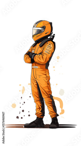 Racing driver in orange jumpsuit with helmet standing confidently  