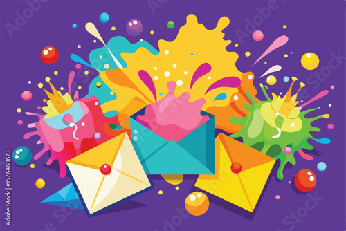 Vibrant and colorful envelopes explode with artistic splashes and shapes, conveying a sense of creativity, excitement, and celebration. Perfect for design, creativity, and festive concepts.