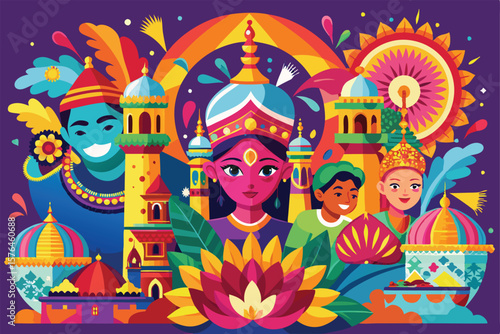 Vibrant illustration showcasing diverse cultural themes with colorful costumes and traditional motifs, highlighting the beauty of global cultural heritage and festive spirit.
